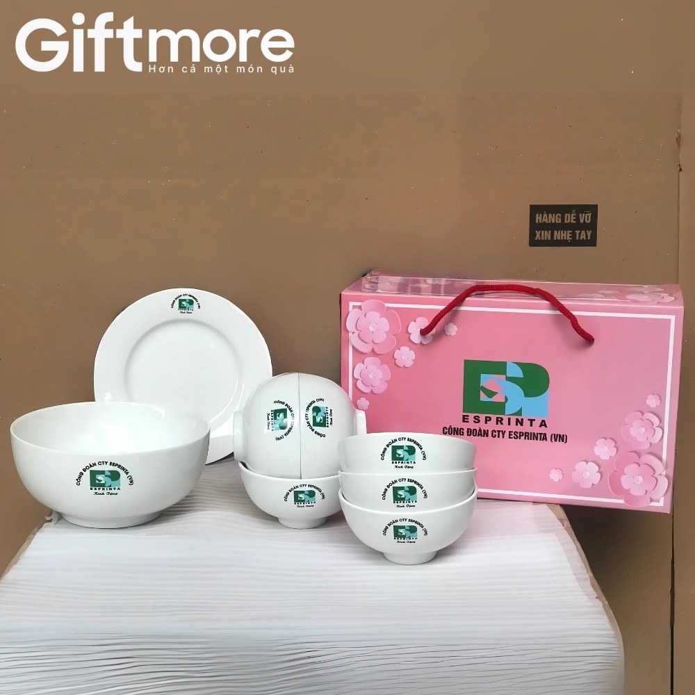 Bộ bát đĩa sứ trắng in logo