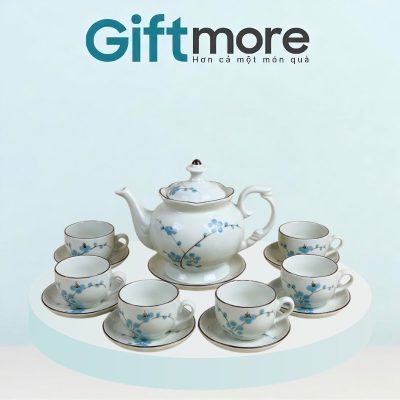 Bộ ấm chén quà tặng in logo men kem dáng đài cát hoạ tiết hoa đào xanh GM-AC06