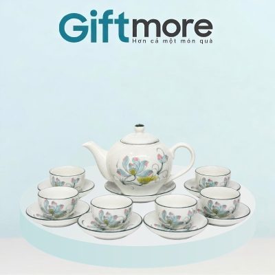 Bộ ấm chén quà tặng in logo men kem dáng tròn hoạ tiết hoa sen GM-AC01