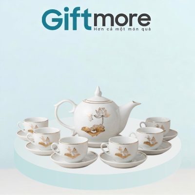 Bộ ấm chén quà tặng in logo men sứ trắng dáng bưởi lửa hoạ tiết sen vàng kim GM-AC03
