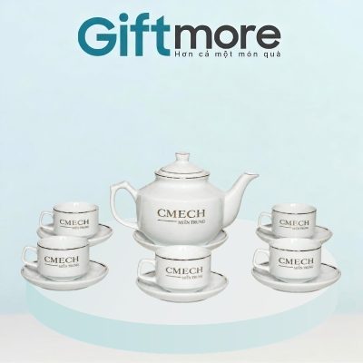 Bộ ấm chén quà tặng in logo men sứ trắng dáng vuông thấp GM-AC04
