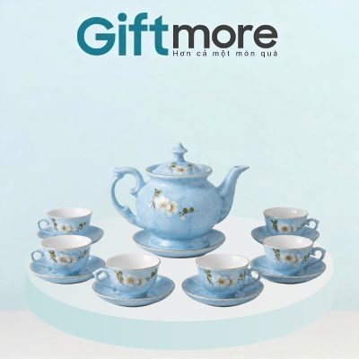 Bộ ấm chén quà tặng in logo men vân đá dáng đài cát hoạ tiết hoa mai trắng GM-AC02