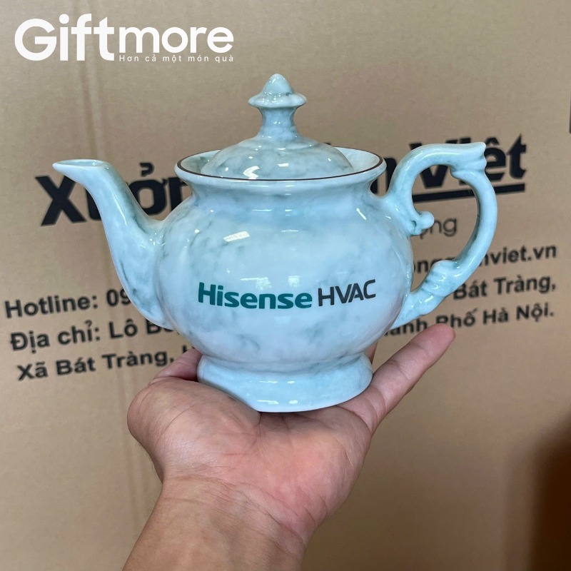 Bộ ấm chén quà tặng in logo men vân đá dáng đài cát hoạ tiết hoa mai trắng GM-AC02 - Ảnh 3
