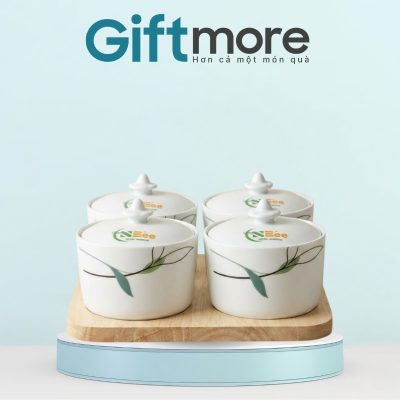 Khay mứt sứ in logo dáng hũ tròn men sứ trắng hoạ tiết lá trúc GM-KM02