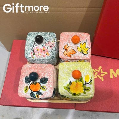 Alternative view of Khay mứt sứ quà tặng dáng hũ vuông men màu hoạ tiết vẽ tay GM-KM05