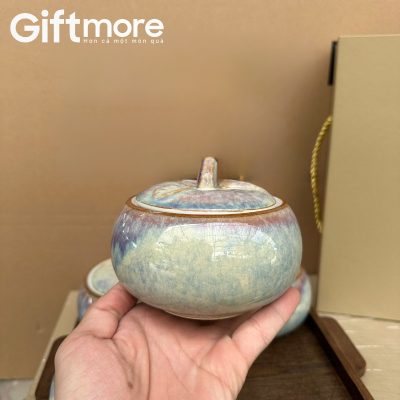 Alternative view of Khay mứt sứ quà tặng dáng quả bí men hoả biến xám GM-KM04