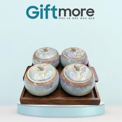 Khay mứt sứ quà tặng dáng quả bí men hoả biến xám GM-KM04