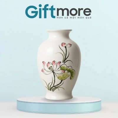 Lọ hoa gốm sứ quà tặng in logo dáng trứng loe màu trắng hoạ tiết hoa sen GM-LHGS05