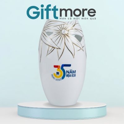 Lọ hoa quà tặng in logo dáng miệng cá khoét màu trắng vẽ vàng kim GM-LHGS04