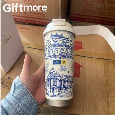 Alternative view of Ly giữ nhiệt quà tặng in logo inox 304 màu trắng kem 500ml in phong cảnh GM-LGN05