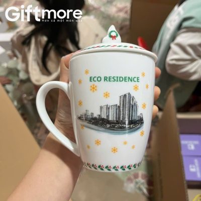 Alternative view of Ly sứ quà tặng in logo dáng thóp có nắp màu trắng 350ml GM-LS01