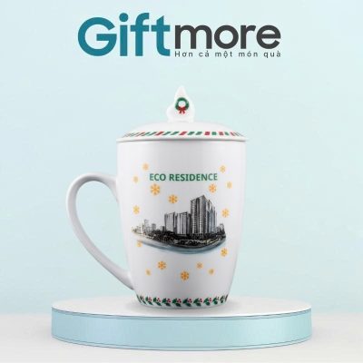 Ly sứ quà tặng in logo dáng thóp có nắp màu trắng 350ml GM-LS01