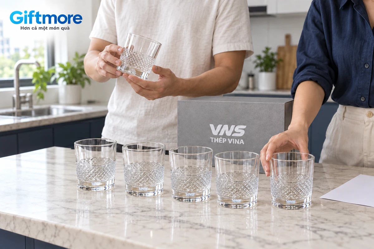 Hai người xem bộ sáu cốc thủy tinh sau khi mở hộp tại quầy bếp