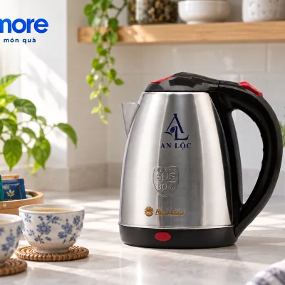 Cảnh mô phỏng ấm Rạng Đông demo AN LỘC cạnh hai cốc trà trên bàn bếp