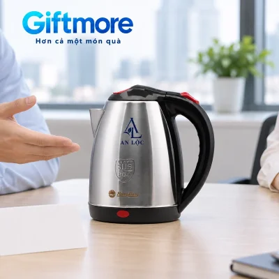 Cảnh mô phỏng giới thiệu ấm Rạng Đông demo AN LỘC trên bàn giữa hai người