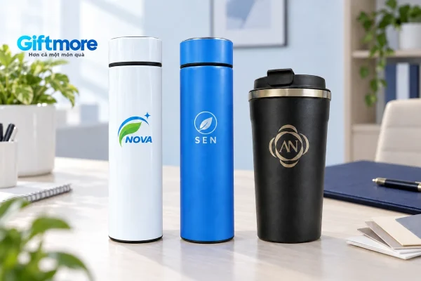 Ba mẫu bình trắng, bình xanh và cốc giữ nhiệt đen với ba hướng logo demo