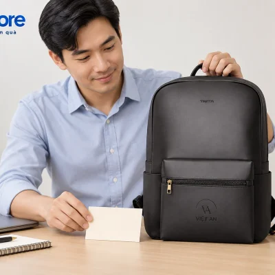 Mô phỏng chuẩn bị thiệp cạnh balo Trita RBA4 đen VIỆT AN trên bàn với máy tính đặt ngoài