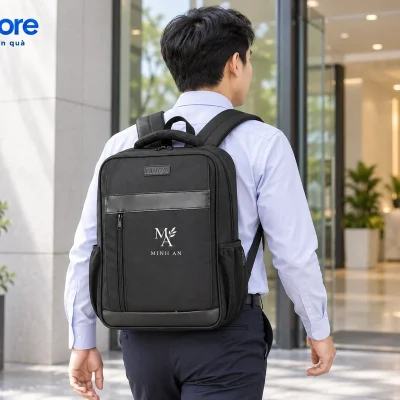 Mô phỏng người đeo balo Laptop 05 đen MINH AN đến lối vào nơi làm việc