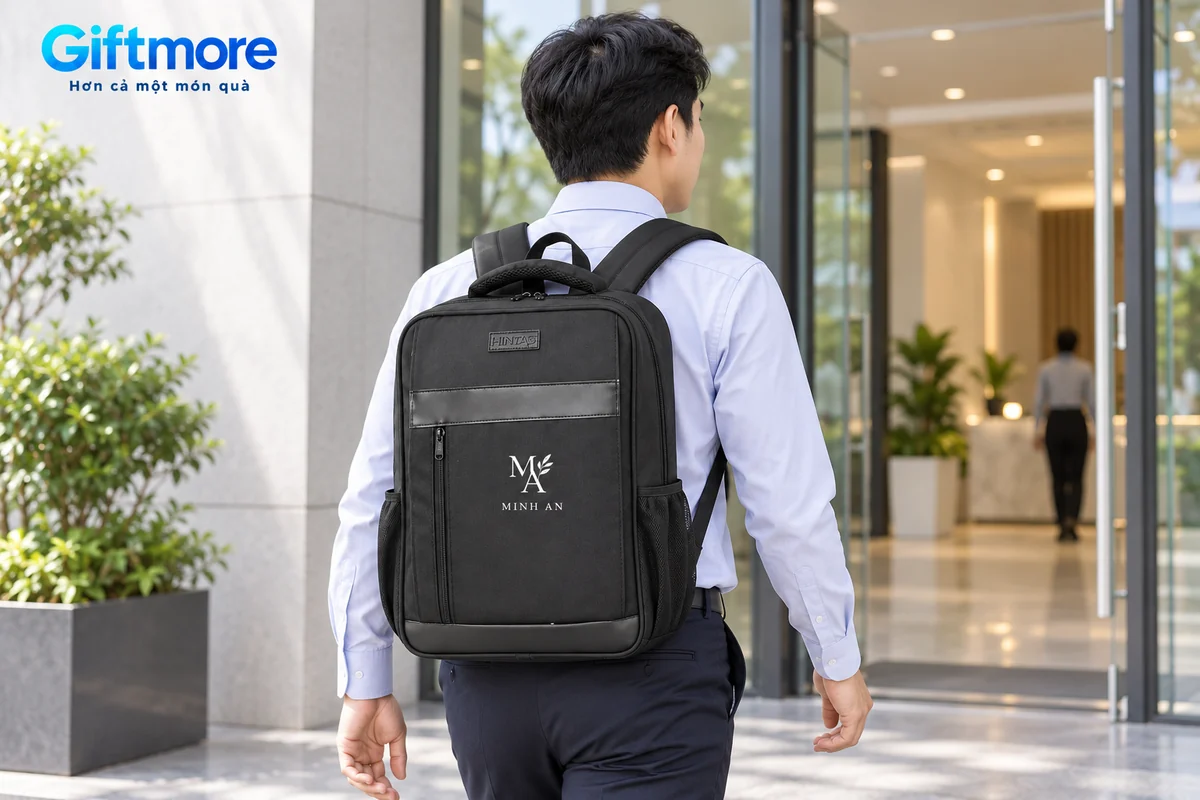 Mô phỏng người đeo balo Laptop 05 đen MINH AN đến lối vào nơi làm việc