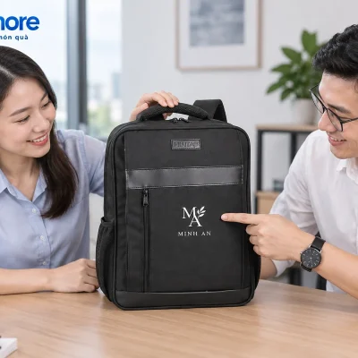 Mô phỏng hai người xem balo Laptop 05 đen MINH AN đặt đứng trên bàn