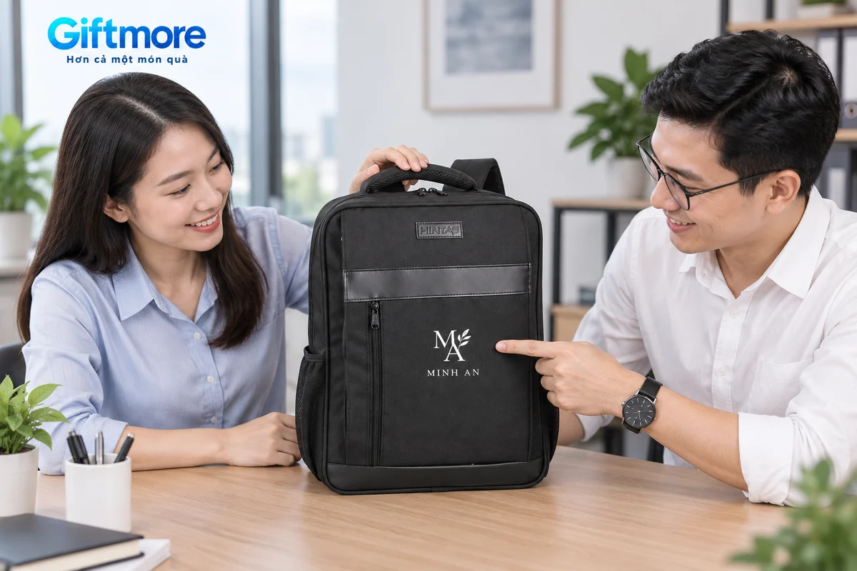 Mô phỏng hai người xem balo Laptop 05 đen MINH AN đặt đứng trên bàn