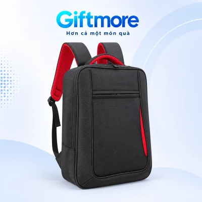 Balo vải 15 đen phối đỏ với khóa ngang và quai xách trên nền GiftMore