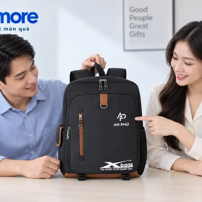Mô phỏng hai người xem balo XBag 04 AP AN PHÚ đặt đứng trên bàn chuẩn bị quà