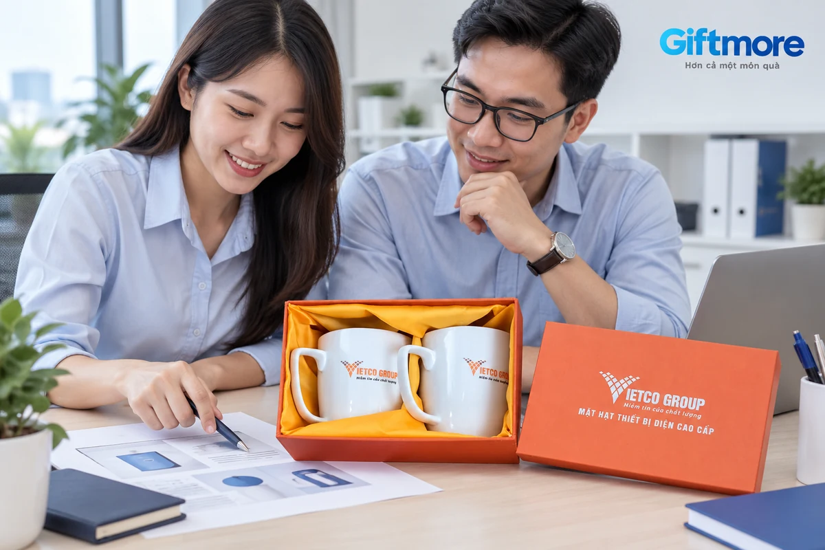 Hai người trao đổi bản thiết kế bên bộ hai ly VIETCO và hộp cam