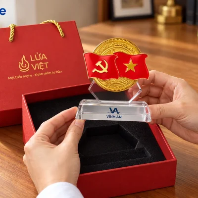 Mô phỏng hai tay nâng biểu trưng Lửa Việt VĨNH AN từ hộp đỏ có lòng định hình màu đen