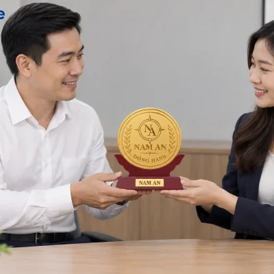 Mô phỏng hai người trao biểu trưng mặt đồng NAM AN bằng cách đỡ hai bên chân đế gỗ