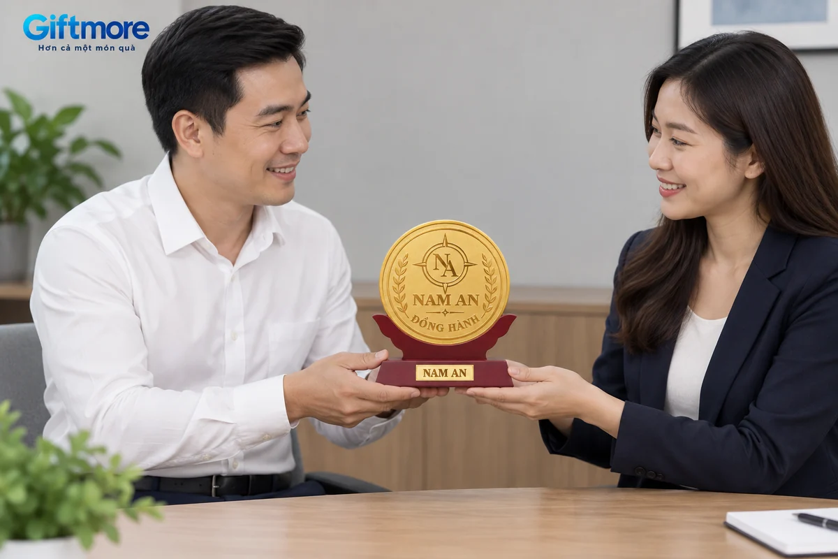 Mô phỏng hai người trao biểu trưng mặt đồng NAM AN bằng cách đỡ hai bên chân đế gỗ