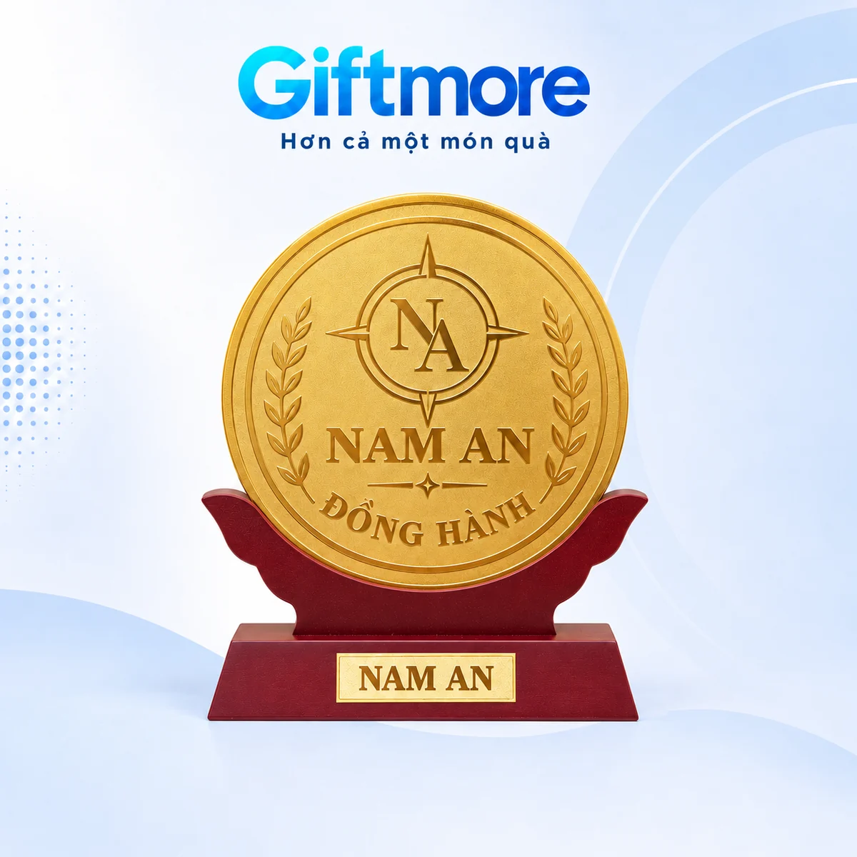 Demo NA la bàn và chữ NAM AN ĐỒNG HÀNH trên mặt đồng tròn, tag NAM AN ở đế gỗ