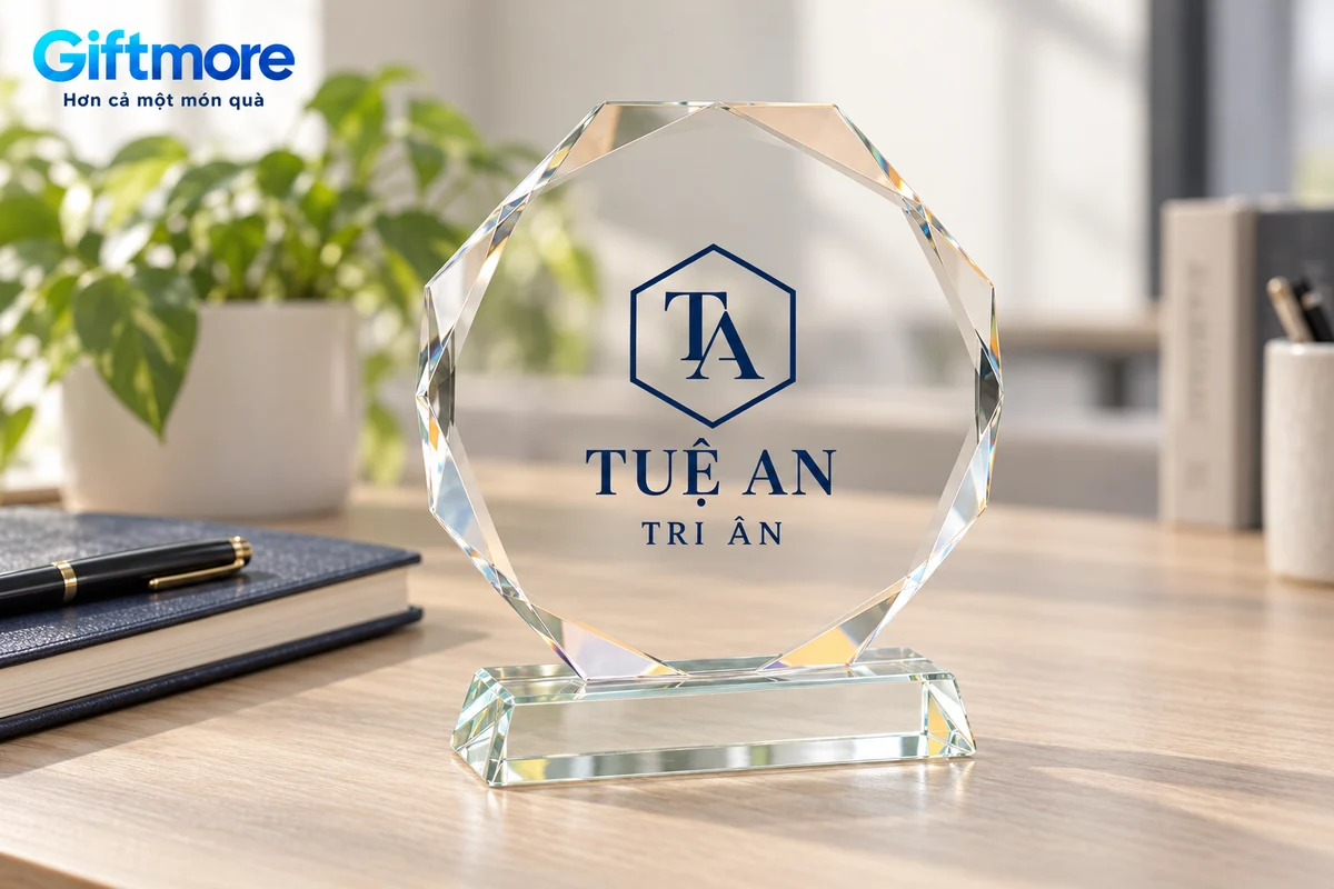 Mô phỏng biểu trưng bát giác TUỆ AN TRI ÂN đặt trên bàn cạnh sổ và bút