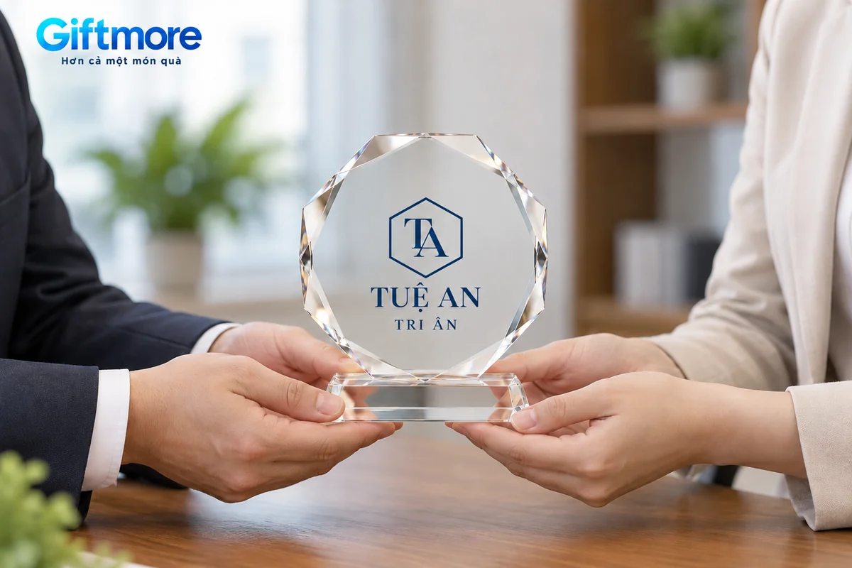 Mô phỏng hai người đỡ hai bên chân đế khi trao biểu trưng bát giác demo TUỆ AN TRI ÂN