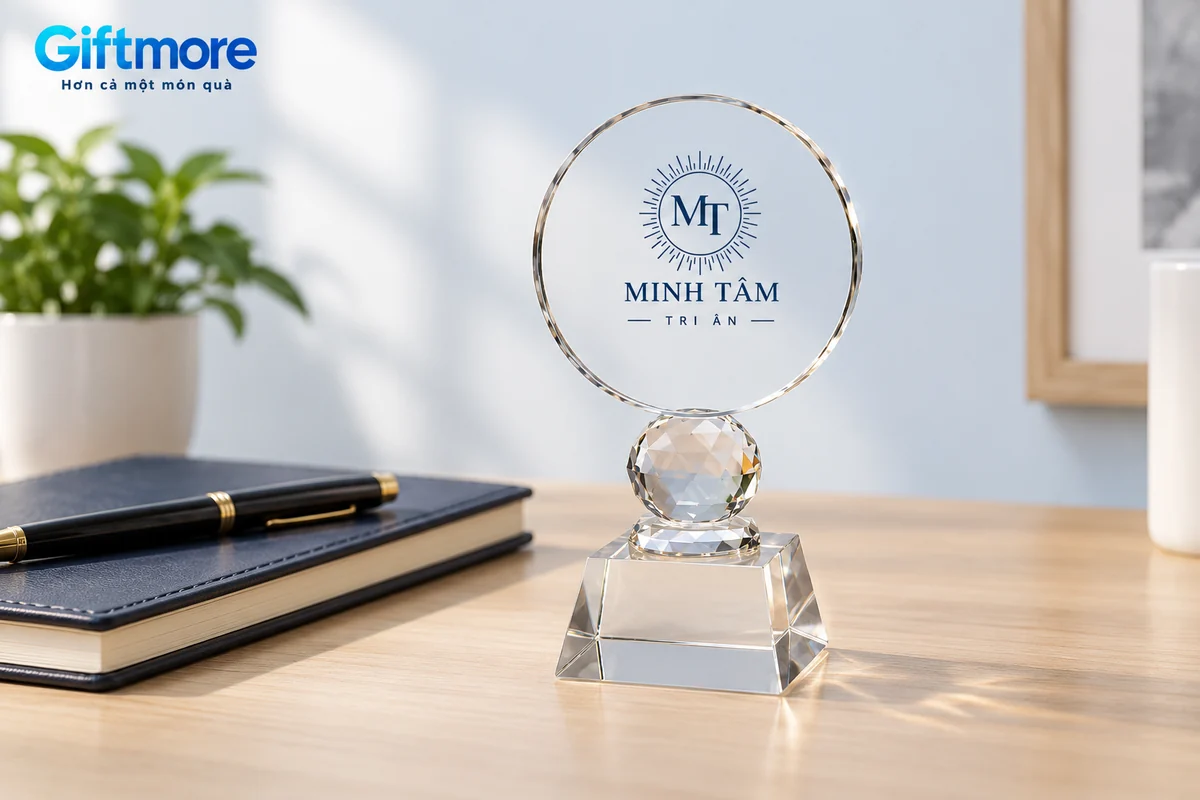 Mô phỏng biểu trưng mặt tròn MINH TÂM đặt trên bàn cạnh sổ và bút