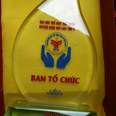 Tư liệu mặt pha lê ngọn lửa có nội dung BAN TỔ CHỨC đặt trong hộp đỏ lót vải vàng