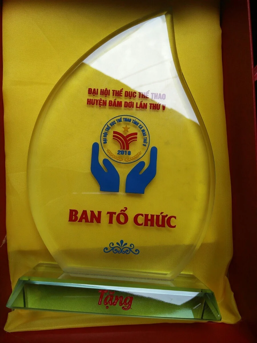 Tư liệu mặt pha lê ngọn lửa có nội dung BAN TỔ CHỨC đặt trong hộp đỏ lót vải vàng
