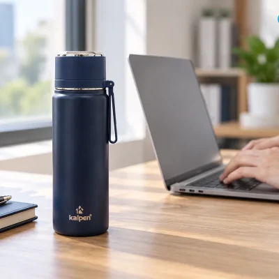 Bình giữ nhiệt Kalpen AR15 500ml in logo – hình dung dùng bình trên bàn làm việc