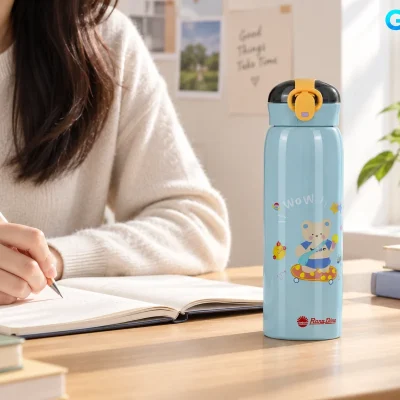 Bình giữ nhiệt Rạng Đông RD-BGN045ST1.E 450ml in logo – hình dung dùng bình ở bàn học và làm việc