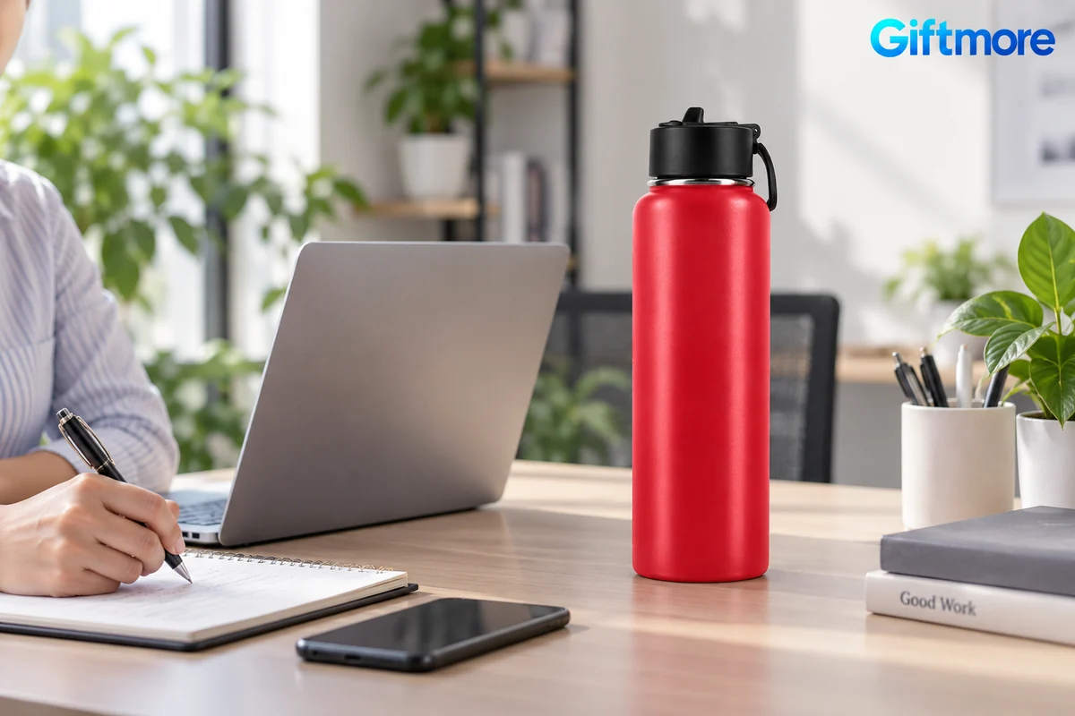 Bình giữ nhiệt Rạng Đông RD-BGN12ST1 1200ml in logo – hình dung bình trên bàn làm việc