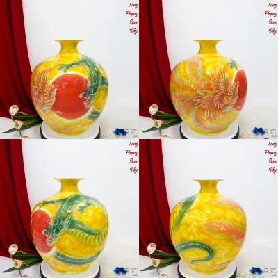 Tư liệu bốn hướng nhìn của cùng mẫu bình Long Phụng men vàng với rồng xanh và phượng