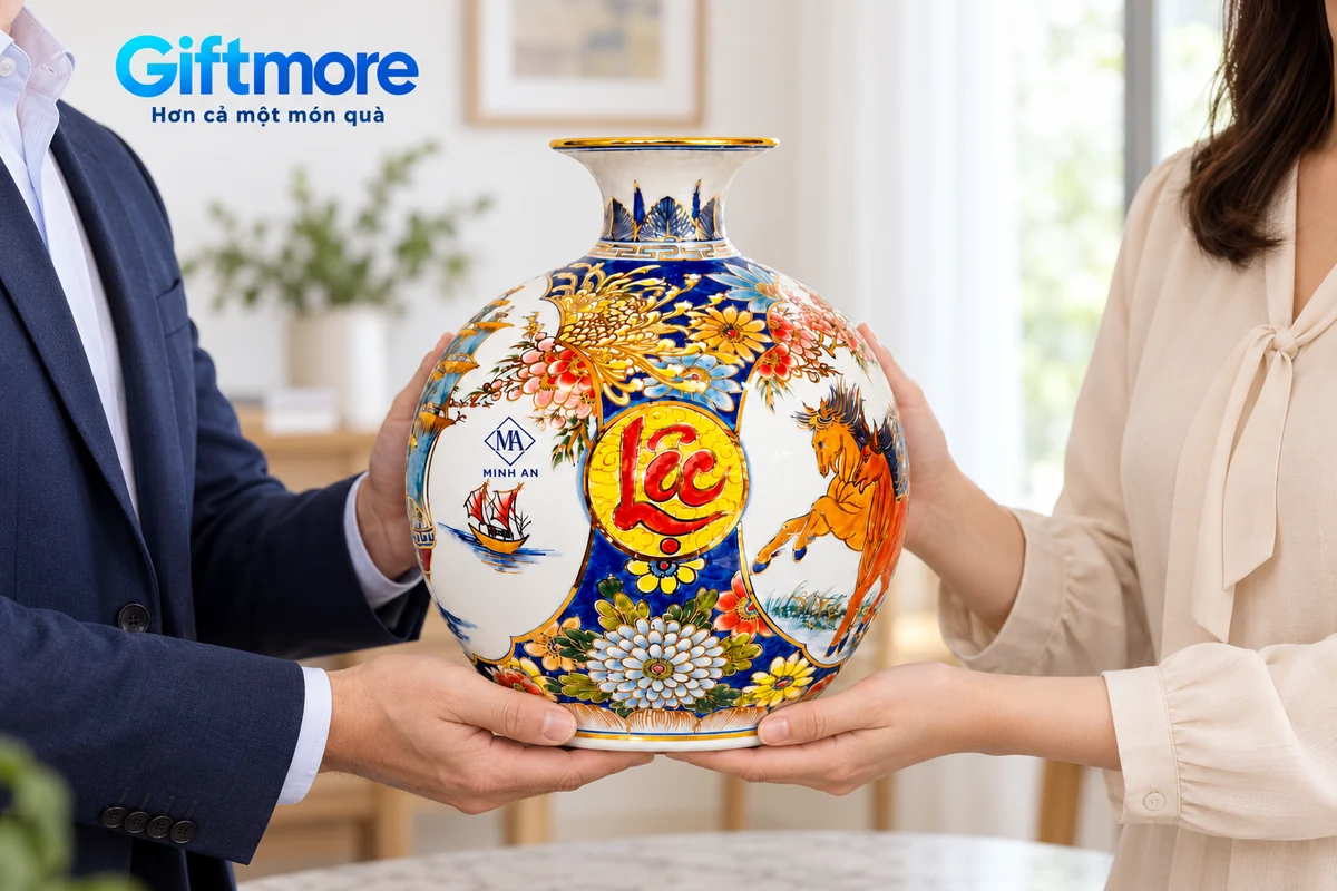 Mô phỏng trao bình nhị cảnh 30cm demo MINH AN, hai người đỡ phần thân dưới