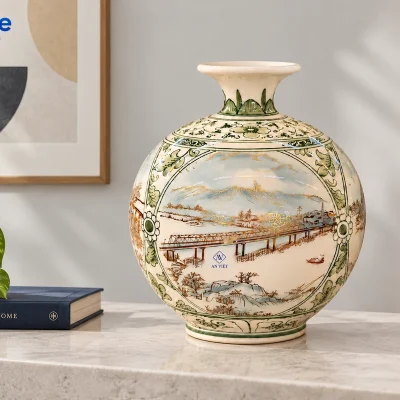 Mô phỏng bình tứ cảnh cầu demo AN VIỆT trên mặt kệ đá sáng cạnh sách và cây