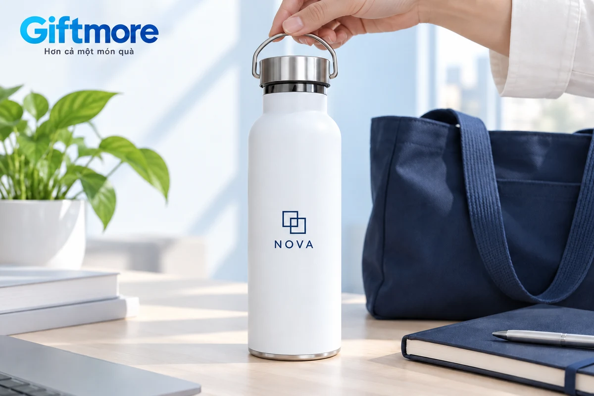 Bình trắng nắp kim loại, quai cong với logo demo NOVA cạnh túi đi làm