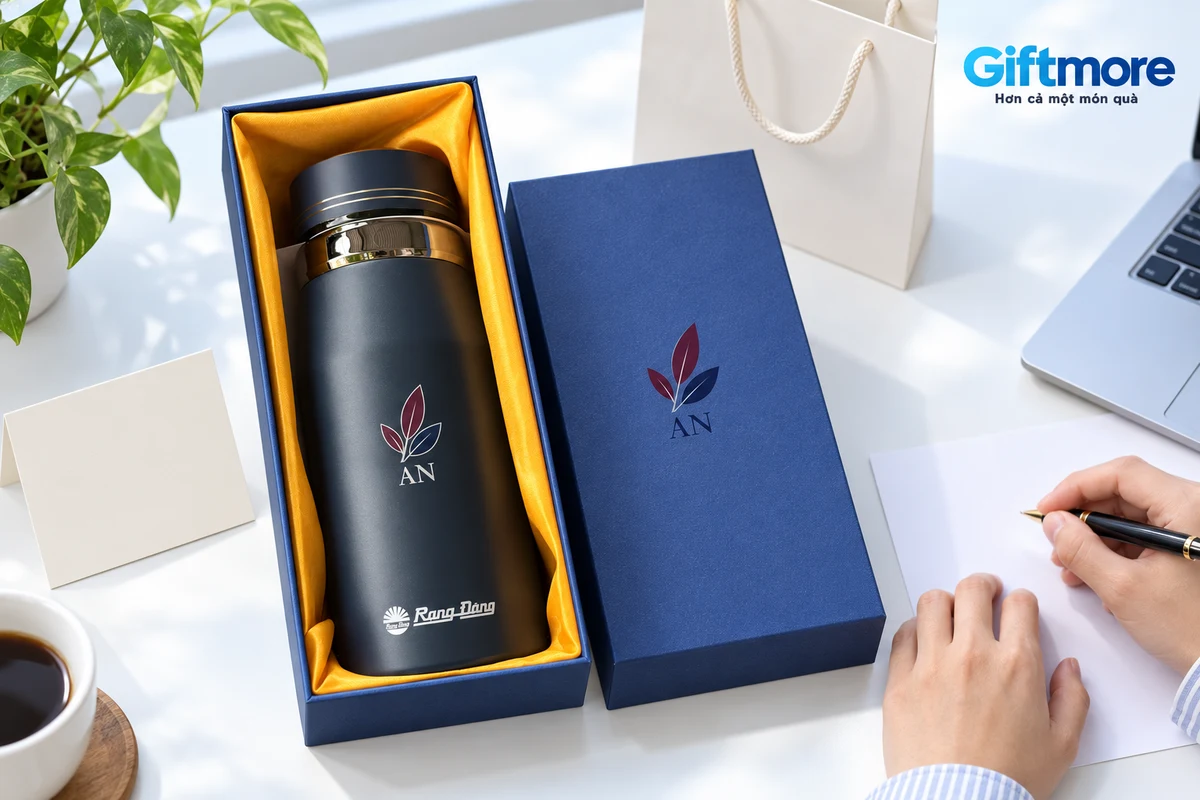Bình Rạng Đông trong hộp xanh lót vải vàng, logo demo AN và giấy ghi cấu hình quà