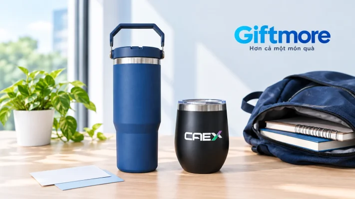 Bình xanh có quai và ly đen CAEX cạnh ba lô và sổ trên bàn