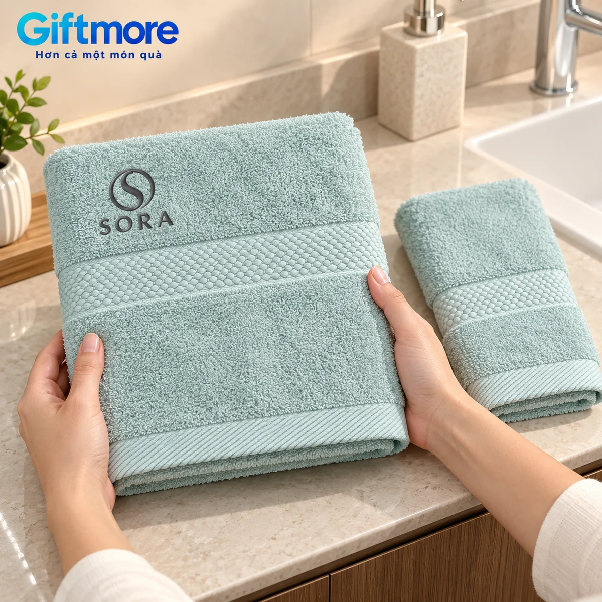 Mô phỏng lấy khăn xanh thêu SORA từ bàn khô cạnh chậu rửa với khăn còn lại đặt bên