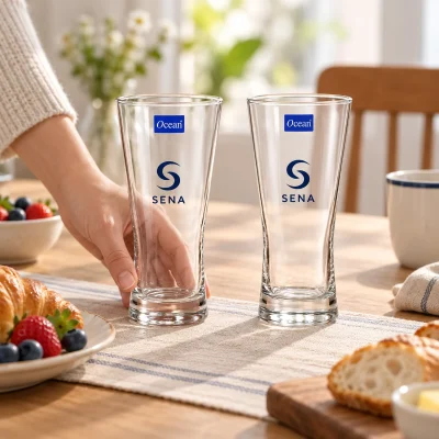 Mô phỏng đặt hai ly Ocean B21312 SENA trên bàn ăn sáng