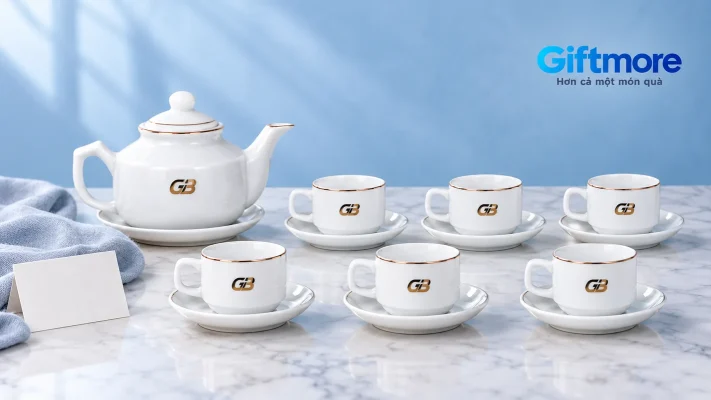Bộ ấm chén trắng theo mẫu thật với sáu chén và logo GB mô phỏng từ ảnh nguồn