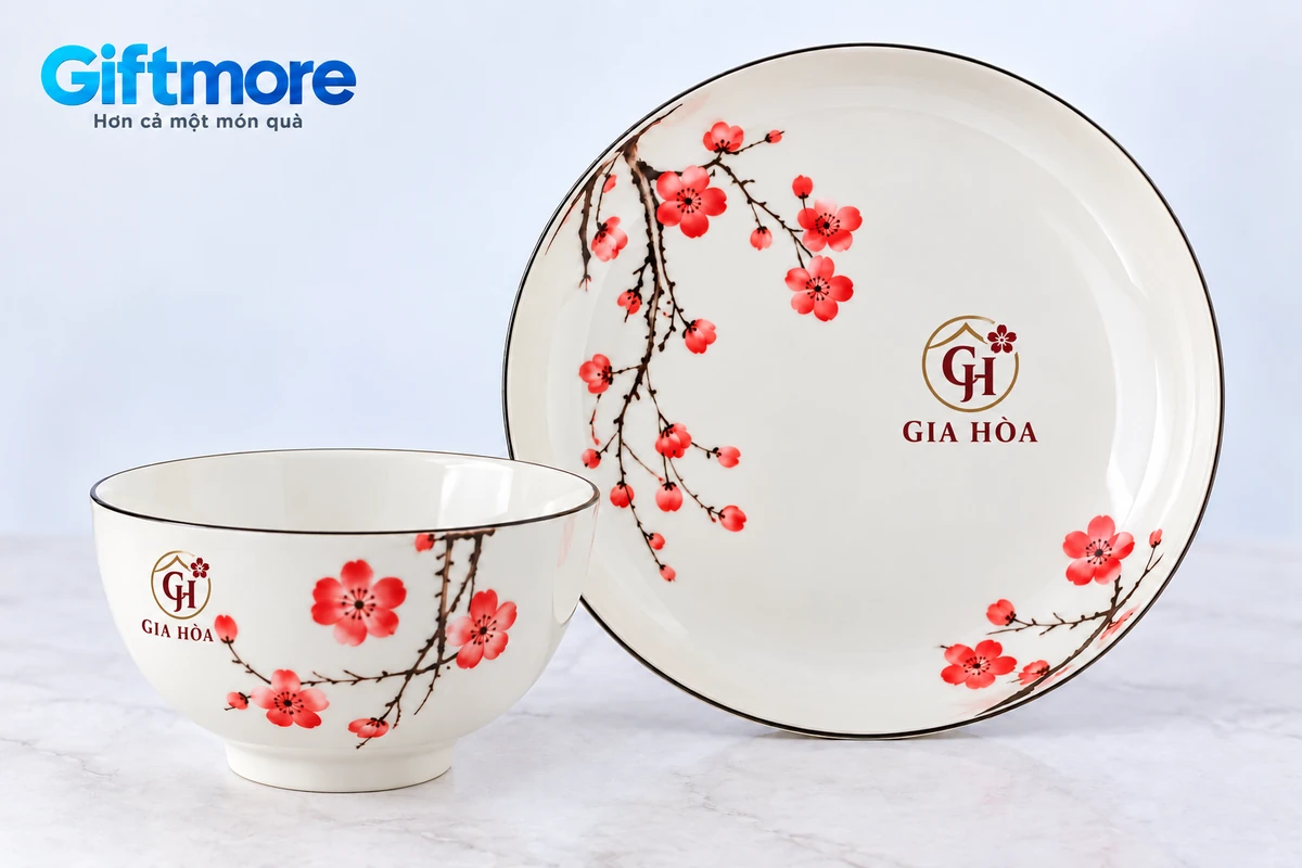 Mô phỏng nhận diện demo GIA HÒA trên bát và đĩa hoa đỏ